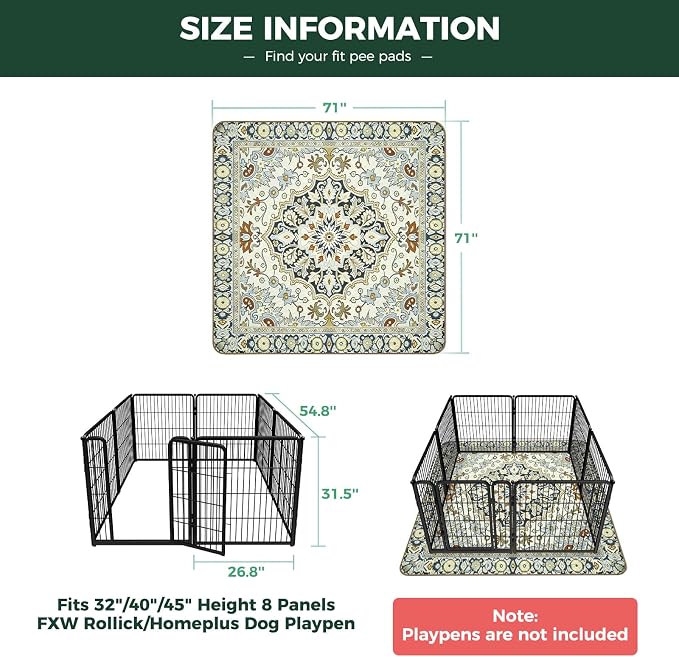FXW Washable Pee Pads for Dogs, Super Absorbent, 71" Square, 1 Pack | Machine washable, Non-slip backing, Fits 32"/40"/45"H 8-Panel FXW Rollick/Homeplus Playpens