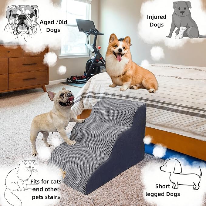 3-Step Pet Stairs for High Beds & Couches, Multi-Step Non-Slip Pet Steps with Balanced Ramp, Indoor 2/3/4/5 Steps for Small Large Cats & Pets, Anti-Slip Stickers Included, 33D Grey
