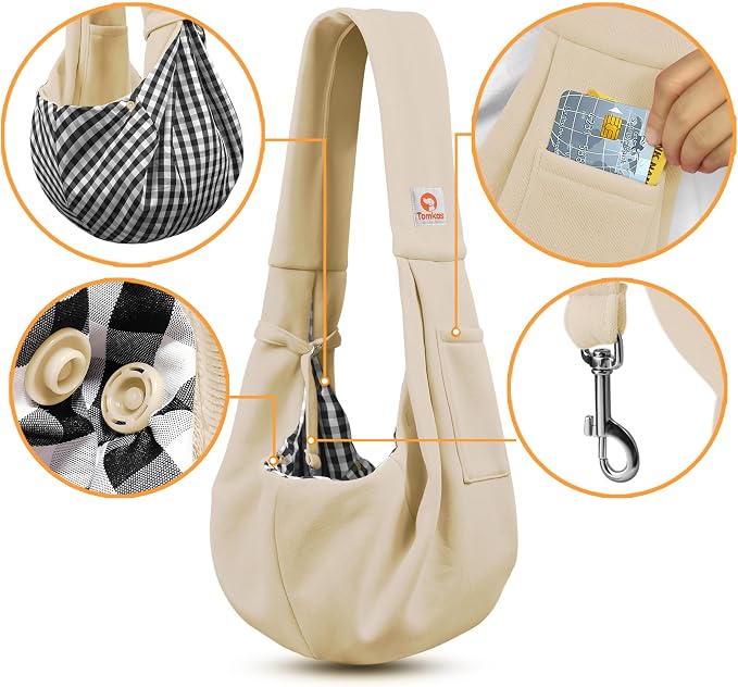 Tomkas Small Dog Cat Sling Carrier Puppy Purse Travel Wrap Soft Crossbody Pet Bag (Cream, M - Classic Pocket & Classic Strap)