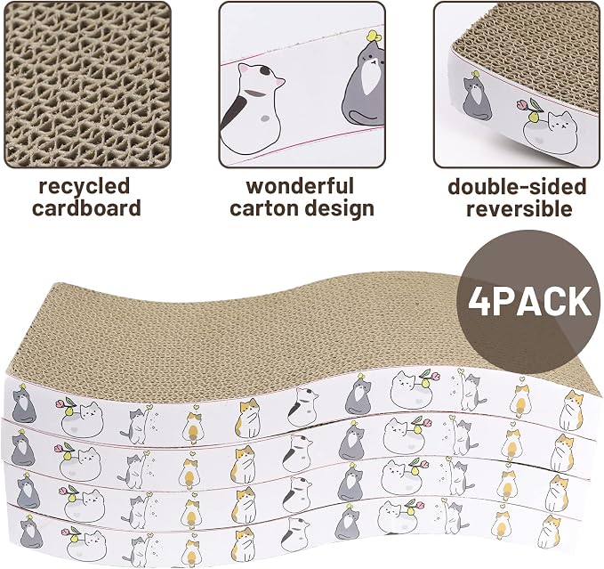 PatiencET Cat Scratcher Cardboard 4 Pack Cat Scratch Pad | Reversible, Curve Design, Durable, Indoor Cats, Lounger Sofa, Multi-Room Use