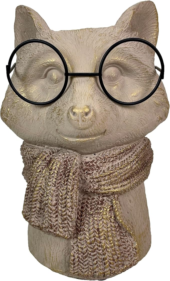 Fox Cement Vase, 8.25 Inch Bespectacled Woodland Planter | Distressed Taupe Finish, Real Black Wire Glasses, Gold-Brushed Knit Scarf, 2.75 Inch Opening for Flowers or Pens