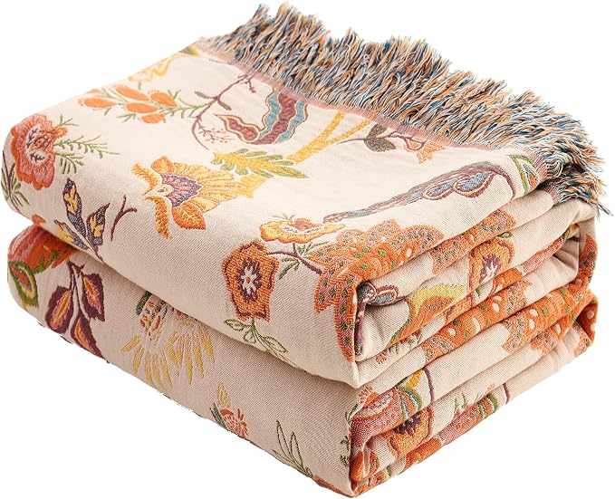 VANJOROY Boho Throw Blanket, 100% Organic Cotton Breathable Ultra Soft 91" x 108" King Bed Quilt Throw - All Season Floral Rustic Farmhouse Decor Luxury Blanket for Sofa Couch Chair and Gift