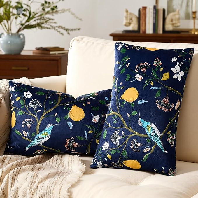 Navy Blue Velvet Floral Decorative 12x20 Lumbar Pillow Covers Set of 2 | Durable and Sturdy,Botanical Printed Pattern,Throw Pillows Case,Rectangle,Colorful Farmhouse,Home Sofa Bed Couch Decor