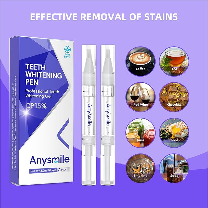 Anysmile Teeth Whitening Pens Non Sensitive Teeth Whitener Gel with Effective 15% Carbamide Peroxide, 4 Professional Tooth Whitening Gel Pens 2ml/Pen