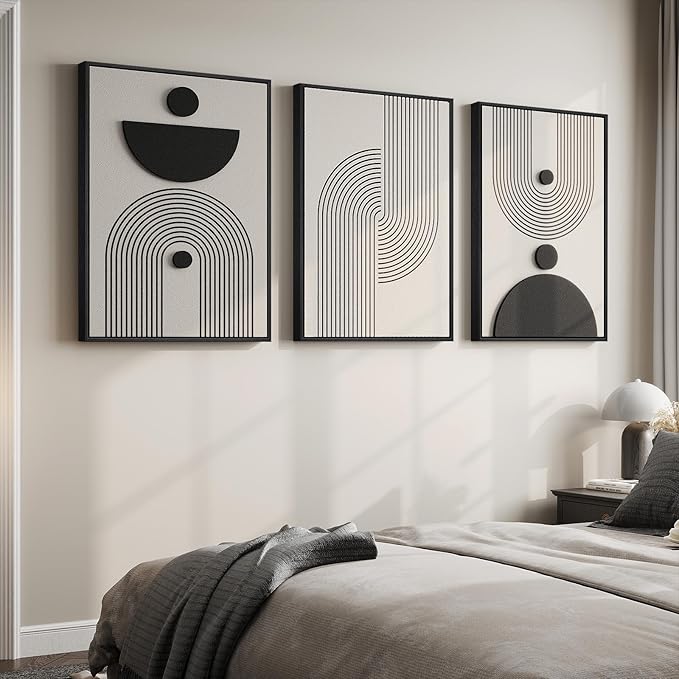 Large 3D Textured Framed Black and White Abstract Wall Art for Living Room, 3 Piece Modern Geometric Paintings, Minimalist Neutral Relief Pictures for Dining Bedroom Hallway Office Wall Decor, 24x36 In