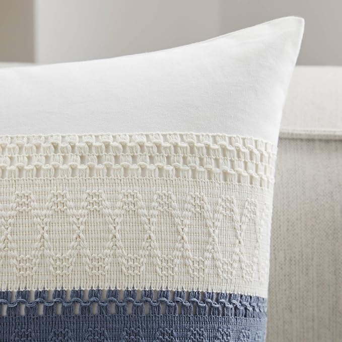 2pk Boho Pillow Covers 16x16, Natural White/Contrast/Blue | 100% Organic Cotton Body, Stripe Embroidery, Farmhouse Decorative Cushion Covers for Sofa Bed Living Room Home Decor