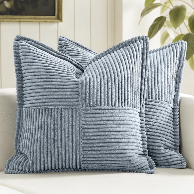 MIULEE Decorative Throw Pillow Covers for Couch 16x16 Inch Dustyblue 2 Pack | Boho Broadside Striped Patchwork Pillow Covers, Soft Corduroy Cushion Cases, For Sofa Bed Livingroom Home Decor