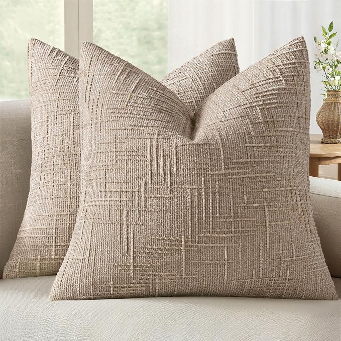 MIULEE Chenille Textured Throw Pillow Covers Oatmeal 20x20 Set of 2 | Slubby Decorative Pillows, Boho Farmhouse Home Decor, Modern Neutral Cushion Covers for Couch Sofa Bed Living Room
