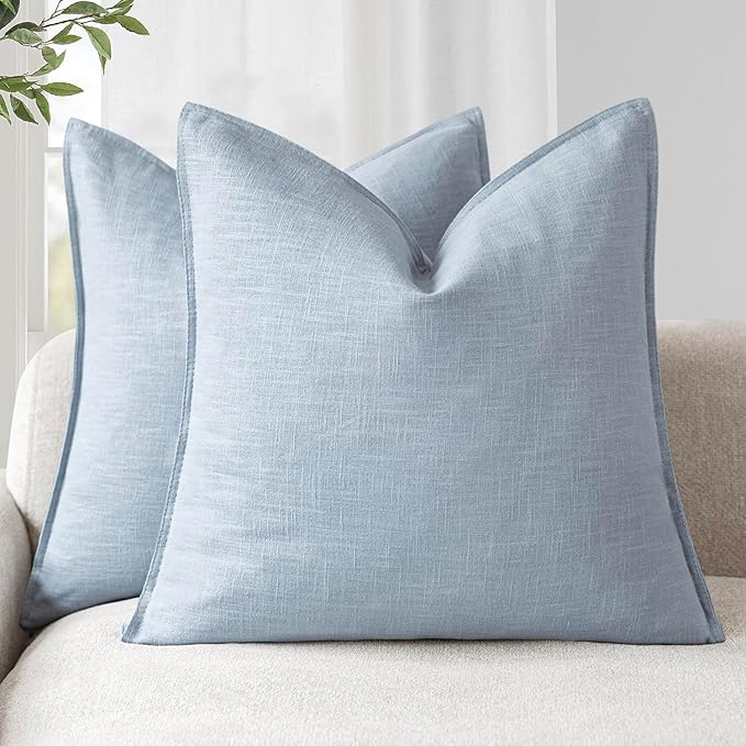 Foindtower Pack of 2, Decorative Linen Solid Throw Pillow Covers Soft Accent Euro Cushion Case Boho Farmhouse Pillowcase for Chair Couch Sofa Bedroom Living Room Home Decor 24 x 24 Inch Sky Blue