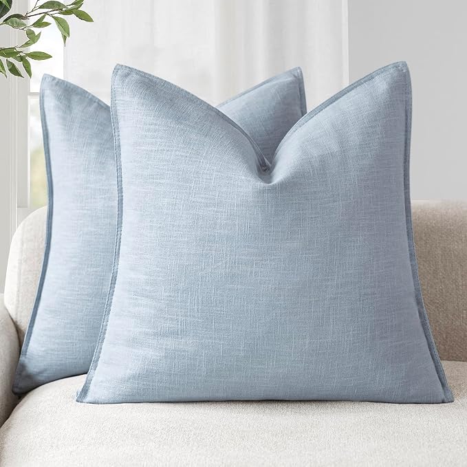 Foindtower Pack of 2, Decorative Linen Solid Throw Pillow Covers Soft Accent Euro Cushion Case Boho Farmhouse Pillowcase for Chair Couch Sofa Bedroom Living Room Home Decor 26 x 26 Inch Sky Blue