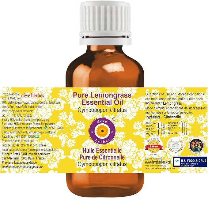 Deve Herbes Pure Lemongrass Essential Oil (Cymbopogon citratus) Steam Distilled (Pack of Three) 100ml X 3 (10 oz)