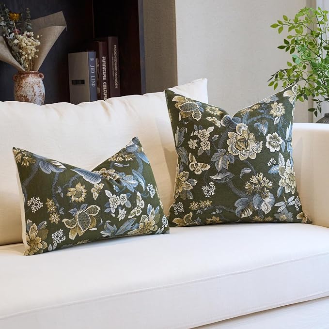 Neutral Floral Pillow Cover 12x20, Vintage Linen Lumbar Pillow Cover Soft Decorative Farmhouse Accent Pillow Case for Couch Bedroom Living Room Home Decor, Green