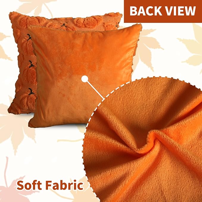 Fall Pumpkins Decorative Pillow Covers 20x20 Set of 2, Orange Soft Plush Faux Fur Wool Farmhouse Throw Cushion Cases for Autumn Thanksgiving Holiday Home Decorations