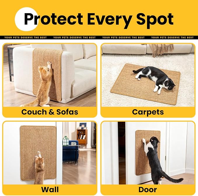 Conlun Cat Scratching Pad, 27.5x35.4in Sisal Mat Couch Protector | Indoor Cat Scratcher Mat, Mess-free, Anti-slip Backing, Hook&Loop Tape for Furniture Door Wall, Brown