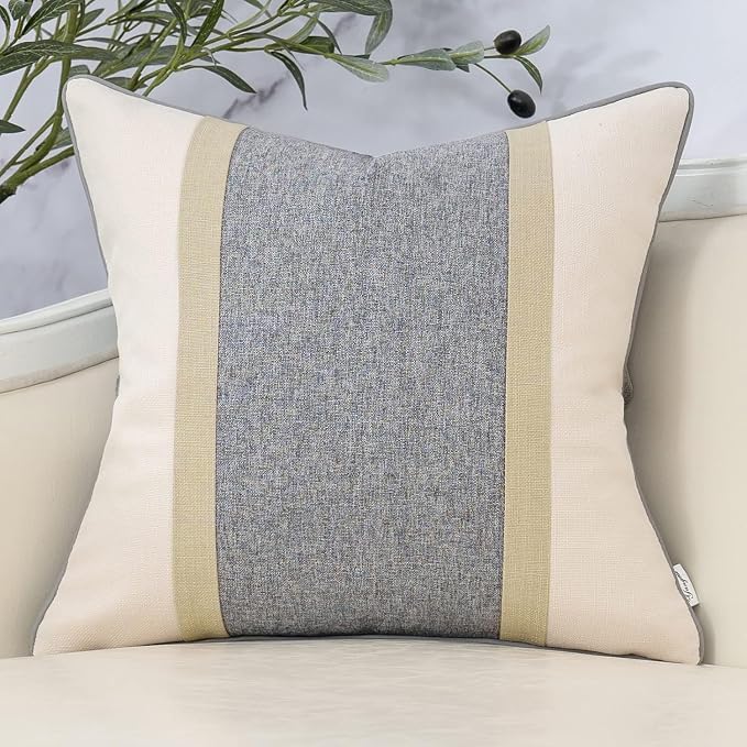 Patchwork Pillow Cover 18x18 Inch Luxury Cotton and Linen Cushion Cover Square Pillowcover for Couch Bedroom Living Room, Gray