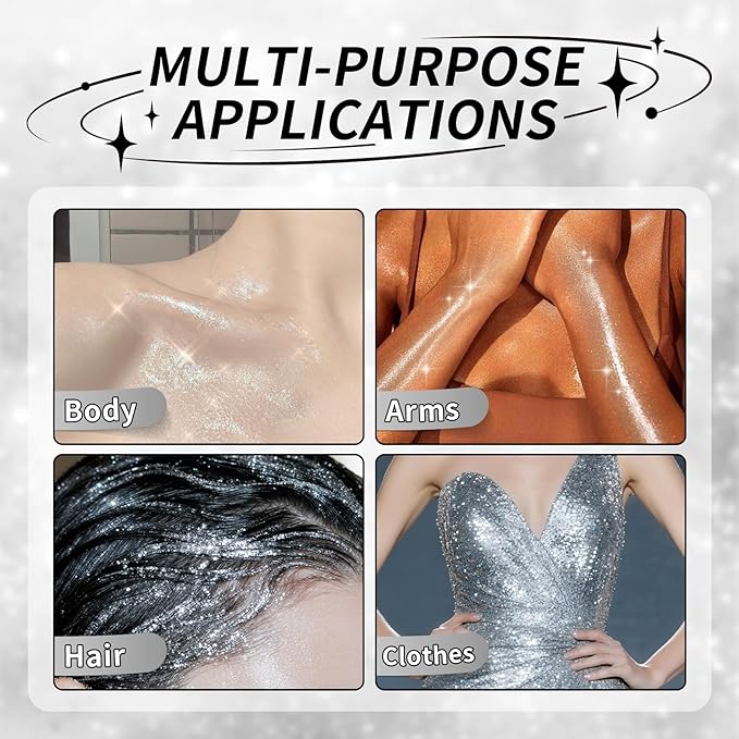 Silver Body Glitter Spray, Shiny Glitter Spray for Hair Body and Clothes, Long-Lasting Sparkle, Holographic Ultra Fine Shimmer Powder Glitter Hairspray for Rave Prom Makeup Halloween Crafts