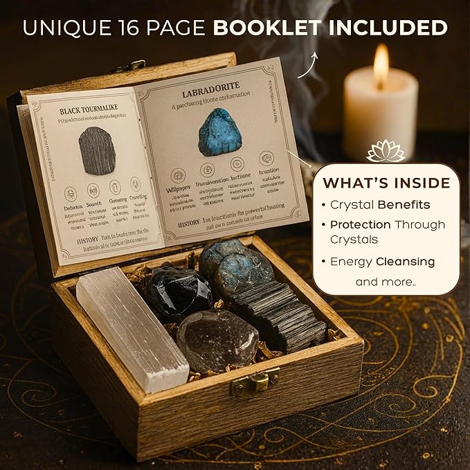 Anima Premium Protection Healing Crystals Set for Energy Shielding - Large Raw Obsidian, Black Tourmaline, Labradorite, Smoky Quartz & Selenite Bar - Wooden Gift Box and Guide Booklet Included