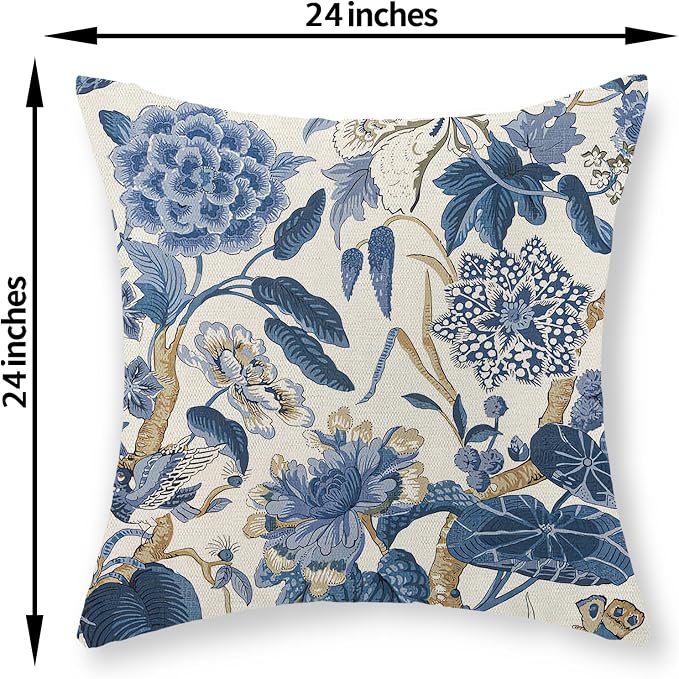 Blue Pillow Covers 24x24 Inch Set of 2 Vintage Blue Floral Throw Pillows Chinoiserie Flower Decorative Pillow Cases Outdoor Linen Farmhouse Cushion Cover for Couch Home Sofa Bed Decorations