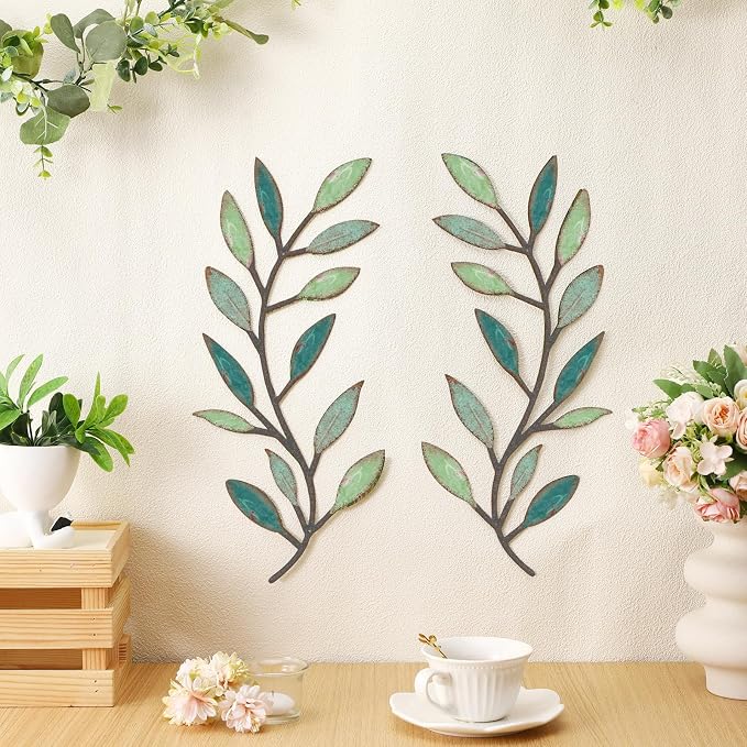 Zhengmy 2 Pcs Metal Leaf Wall Art Vine Branch Decor,Gradient Green | Olive Branch Metal Decor for Living Room Hallway, Symmetrical Leaf Pair for Doorway Entryway, Lightweight Hanging Art Design