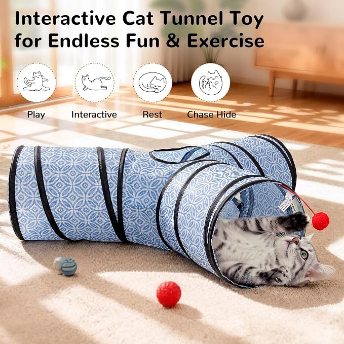 Tempcore 3 Way Collapsible Cat Tunnel for Indoor Cats, Pet Tunnel Bored Toys with Peek Hole & Ball for Puppy, Kitty, Kitten, Rabbit