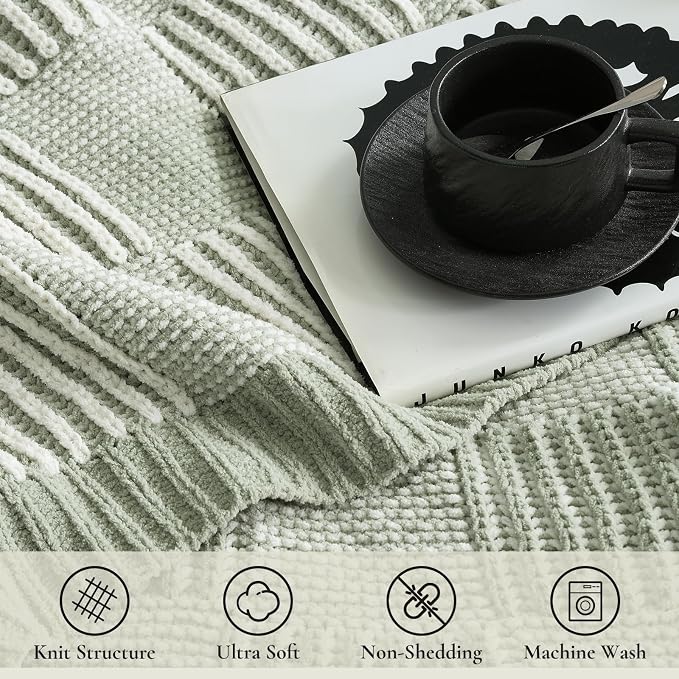 Knit Throw Blanket, Soft Chenille Cozy Breathable Dual Tone Checkered Chunky Decorative Blanket for Couch, Bed & Sofa, French-Inspired Lightweight Warm Gift for Women, Sage Green, 50"x60"