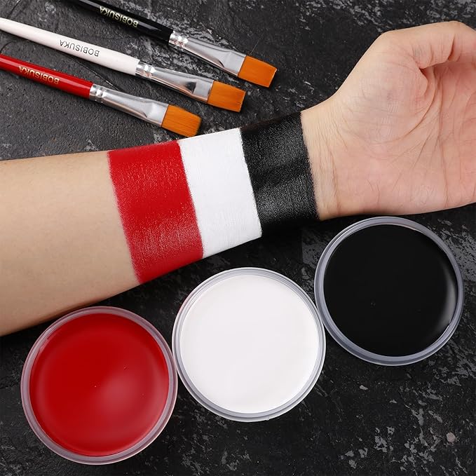 BOBISUKA Black + White + Red Oil Face Body Paint Set, Large Capacity Professional Paint Palette Kit with Brushes for Art Theater Halloween Party Cosplay Clown Sfx Makeup for Adults