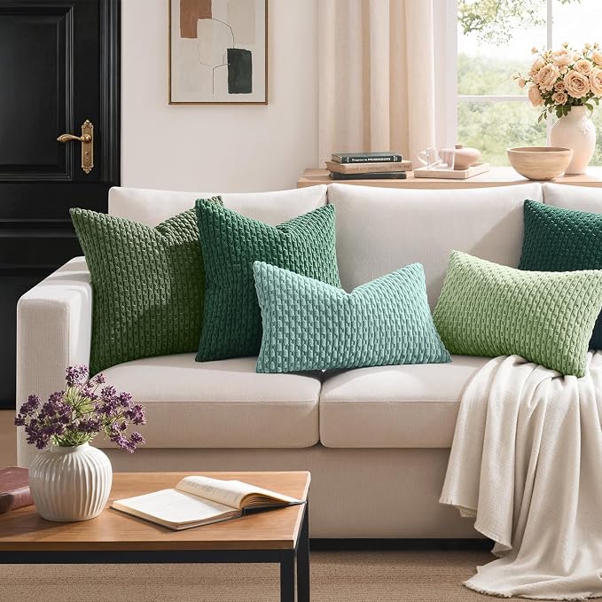 Kevin Textile Soft Corduroy 16"x24" Lumbar Pillow Cover 1 Pack, Moss Green | Boho Stripe Plush Corduroy Decorative Oblong Cushion Cover Modern Farmhouse Home Decor for Sofa Couch Bed Chair