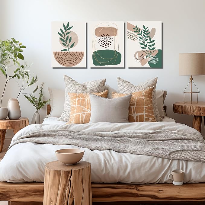 DNIEOTU Boho Canvas Wall Art for Living Room, Minimalist Geometric Shapes Wall-Decor for Bedroom, Modern Botanical Picture Prints, Size 16 x 24 Inches 3-Pieces