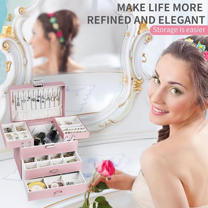 Jewelry Boxes for Women Girls, Jewelry Storage Organizer, 4 Layers Large Jewelry Organizer Box with 2 Drawers for Friends, Wife or Mother Gift (Pink)