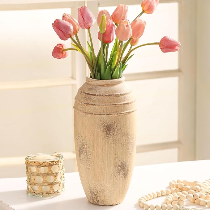 Large Ceramic Rustic Vase,12.87 Inch Tall Vintage Vase for Home Decor | Farmhouse Flower Vase for Living Room, Bedroom, Shelf, Entryway, Table Decor and Housewarming Gift
