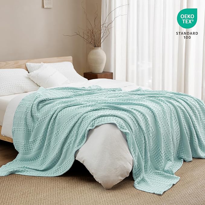 PHF 100% Cotton Waffle Weave Blanket Queen Size, Lightweight Breathable Summer Blanket for Hot Sleepers, Pre-Washed Soft Layer for Bed, Couch, Aesthetic Home Decor & Gift, 90"x90", Mint