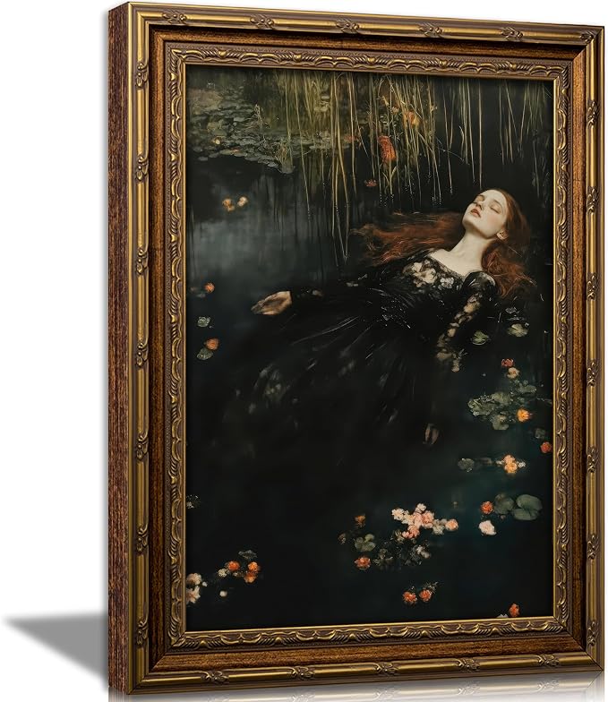 Vintage Gold Framed Ophelia Wall Art,Victorian Gothic Oil Painting Canvas Print,Classic Dark Academia Aesthetic Wall Decor,Antique Woman Portrait Picture,Moody Floral Poster Artwork,for Living Bedroom