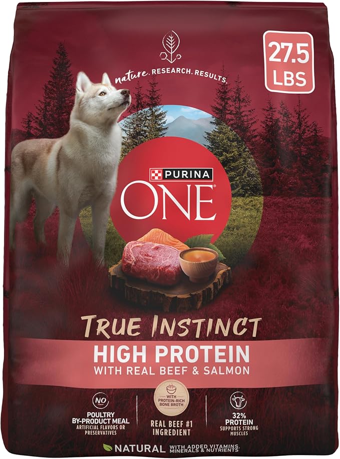 Purina ONE True Instinct Dry Dog Food, Real Beef & Salmon, 27.5 lb Bag | Nutrient dense, with 32% protein for strong muscles, natural with added vitamins, minerals and nutrients