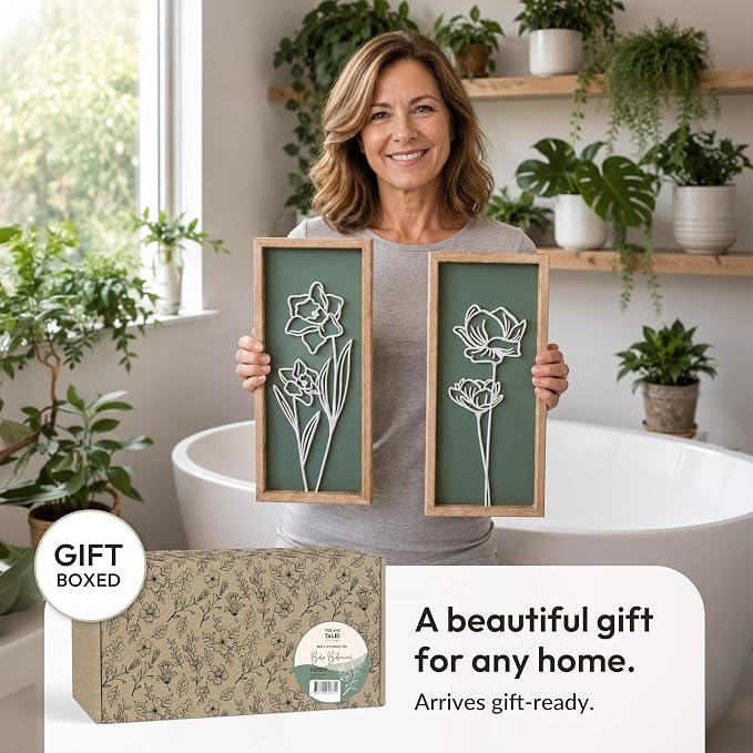 Tide and Tales Floral 3D Green Wall Art, Botanical Wall Decor, Set of 2 | 7" x 16", Lightweight, Framed Ready-to-Hang, Bathroom Wall Decor, Bedroom, Living Room or Office, Boho, Farmhouse, Gift-Boxed