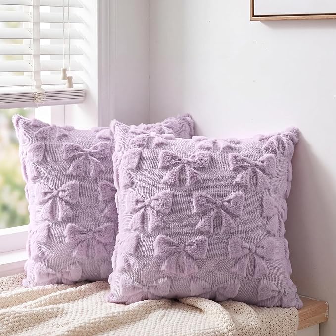 Mixweer Purple Bow Pillow Covers Set of 2 Preppy Room Decor Coquette Cute Spring Summer Decorative Faux Fur Soft Bowknot Stuff Fluffy Plush Aesthetic Pillowcase for Bed Sofa Couch (18 x 18 Inch)