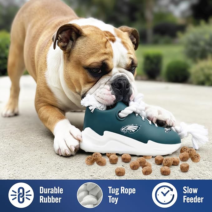 Pets First NFL Philadelphia Eagles Cleat Sneaker Spike Dog Toy, Football Treat Dispenser Chew Toy for Dogs, Interactive Rope Tug Toy, Slow Feeder Natural Rubber Dog Toy with Official Team Logo
