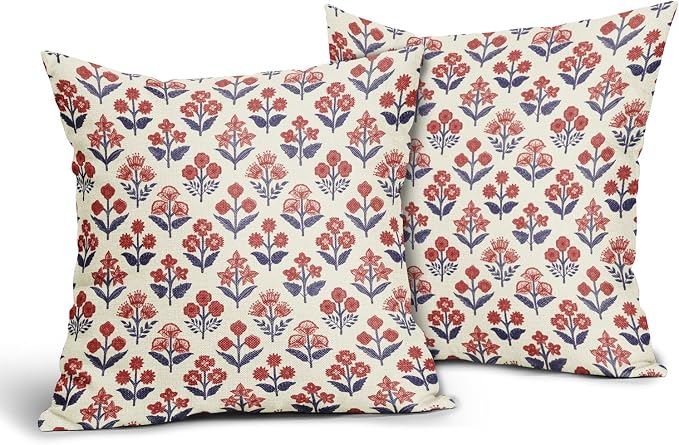 4th of July Patriotic Floral Block Print Pillow Covers 24x24 Inch Set of 2, Navy Blue Red Vintage Flower Decorative Throw Pillowcases Outdoor Memorial Day Cushion Covers Holiday Sofa Couch Bed Decor