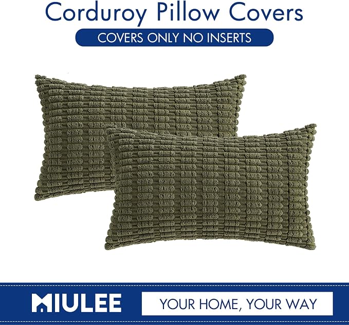 MIULEE Lumbar Corduroy Decorative Throw Pillow Covers 12x20 Olive Green | Pack of 2 Soft Boho Striped Pillow Covers Modern Farmhouse Home Decor For Sofa Living Room Couch Bed