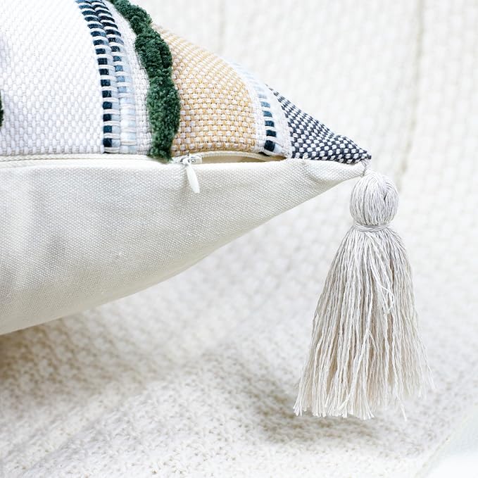 PANOD Chenille Farmhouse Throw Pillow Covers 16 x 16 Dark Green, Neutral Boucle Couch Pillow Cover, Striped Decorative Boho Coushion Cover Pillow Case for Couch Bed Sofa Bedroom,Modern Accent,Set of 2