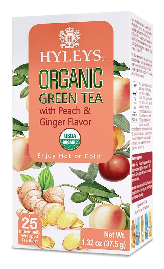 HYLEYS Organic Green Tea, Peach and Ginger Flavor - 25 Individually Wrapped Tea Bags - USDA Organic - Kosher & Vegan