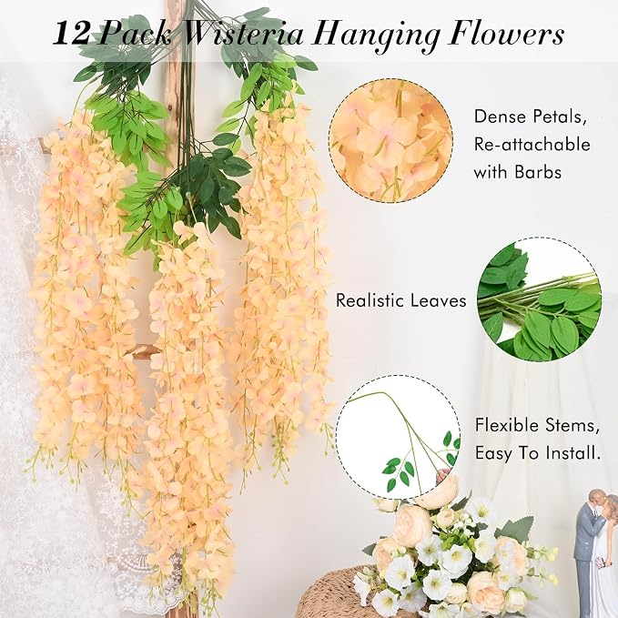 12 Pack Wisteria Hanging Flowers, 3.6 Feet Champagne Wisteria Artificial Flowers, Artificial Fake Flower Garland, Hanging Vines for Bedroom Wedding Home Party Wall Decor (Champagne, 12pcs)