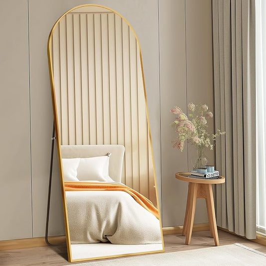 DUMOS 58"x19" Arched Full Length Mirror with Stand, Full Body Floor Mirror | Free Standing or Wall Mount, Nano Glass Aluminum Frame, Hanging or Leaning, Modern Simple Home Decor, Gold