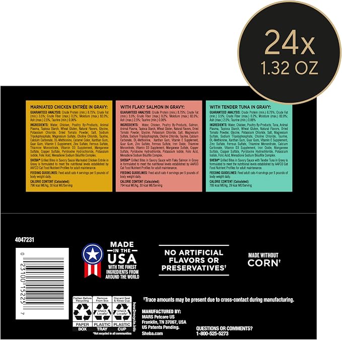 Sheba Perfect Portions Grilled Bites Wet Cat Food, Variety, 2.6 oz, 24 ct | Chicken, Salmon & Tuna variety, 48 servings, snap-peel-serve twin-pack trays, complete & balanced, vitamins & minerals