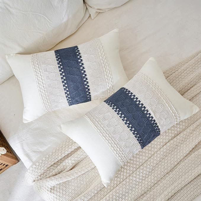 Lumbar Throw Pillow Covers Set of 1 (Beige & Blue, 12x20 Inch) | Linen Cotton Soft Cozy, Decorative Sofa Couch Pillow Cases, Textured Woven Single Striped, Boho Sytle for Living Room