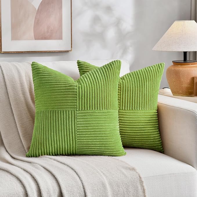 Fancy Homi Set of 1 Lime Green Square Decorative Throw Pillow Covers 18x18 Inch for Living Room Bedroom Couch Bed Sofa, Soft Striped Corduroy Modern Rectangle Accent Cushion Case 45x45 cm
