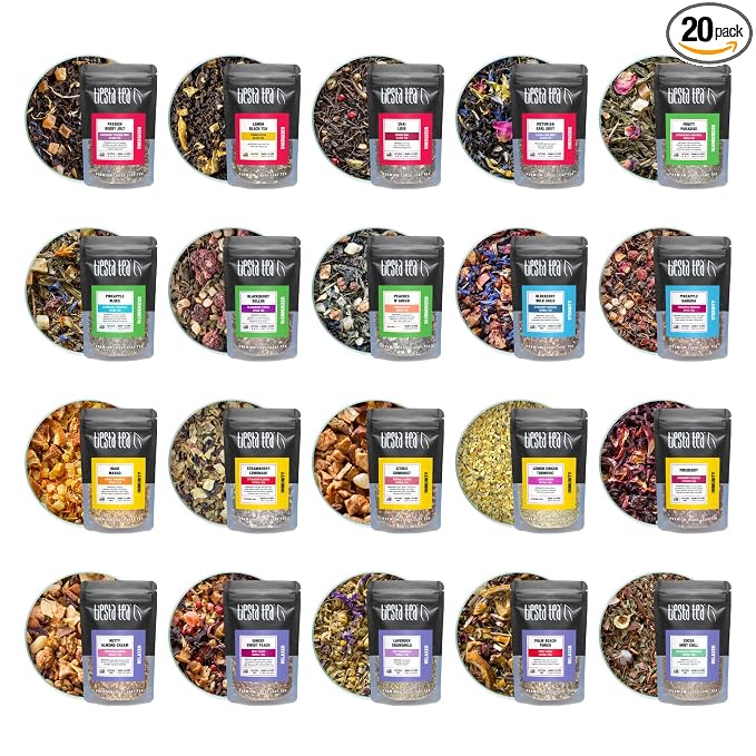 Tiesta Tea - Discovery Sampler Dry Flight Set, Loose Leaf, High to No Caffeine, Hot & Iced Up to 200 Cups, Tea Variety Pack with Green, Herbal, Black & Chai Brew, 20 Resealable Sample Pouches