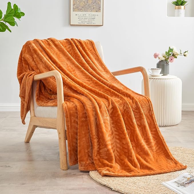 Super Soft Flannel Fleece Fall Throw Blanket, 60 x 80 Inches, Orange | Lightweight Cozy Warm Leaves Textured Plush Blanket for Bed Couch Sofa