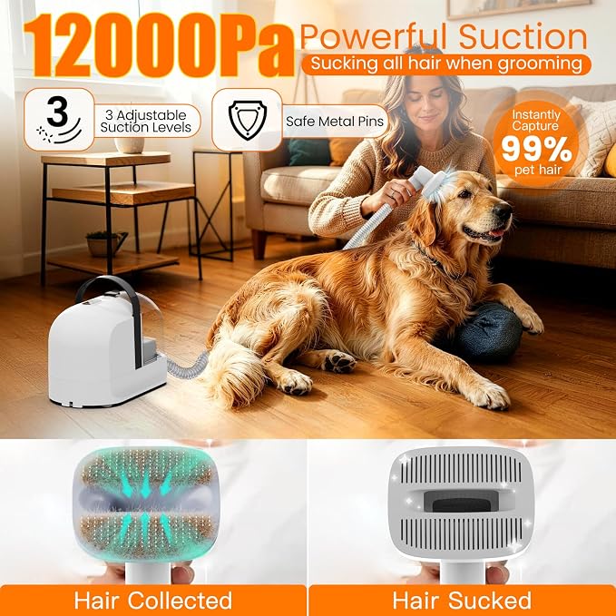 PG10 Dog Grooming Vacuum with Electric Clipper & Shedding Brush, 12,000Pa Suction Pet Grooming Vacuum for Dogs, Low Noise Pet Hair Vacuum with Grooming Kit for Home Shedding and Trimming