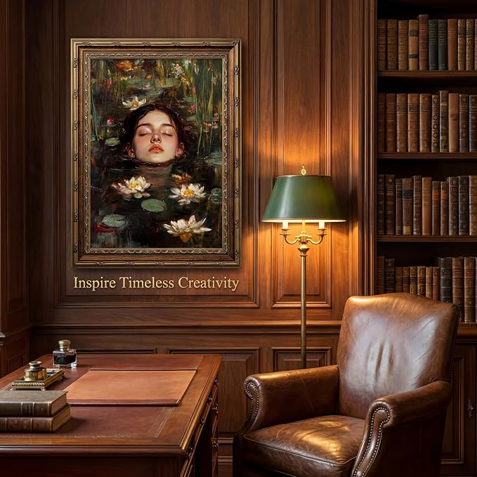 Vintage Gold Framed Gothic Wall Art, Ophelia Inspired Woman Portrait Print | Dark Academia Romantic Victorian Oil Painting Canvas Print Picture Wall Decor for Living Room Bedroom Office, 8x10 Inch