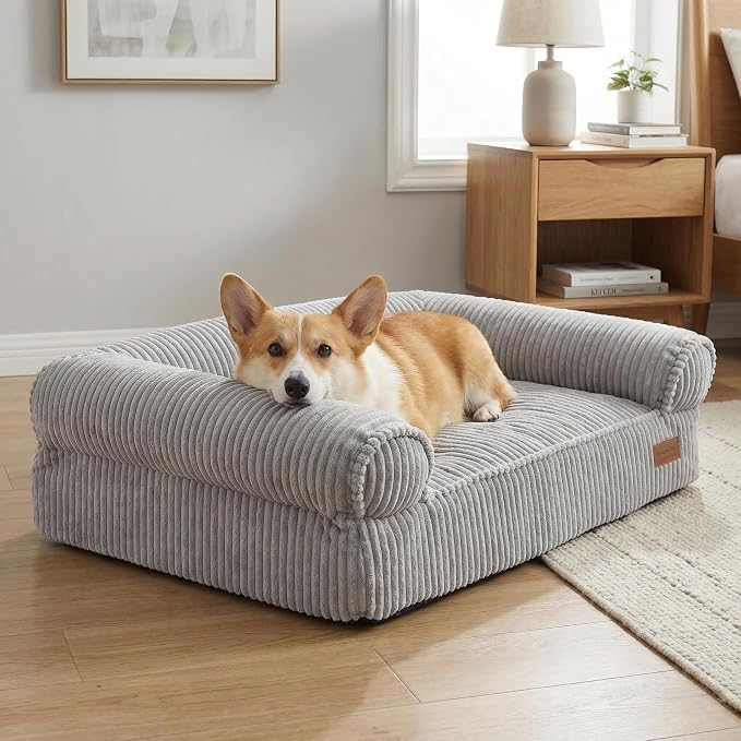 FUKUMARU Cute Dog Bed, Waterproof Corduroy Dogs Couch, 36in Orthopedic Pet Sofa for Medium to Large Dogs Dog, Warm Cotton Pet Bed with Washable Cover, Grey